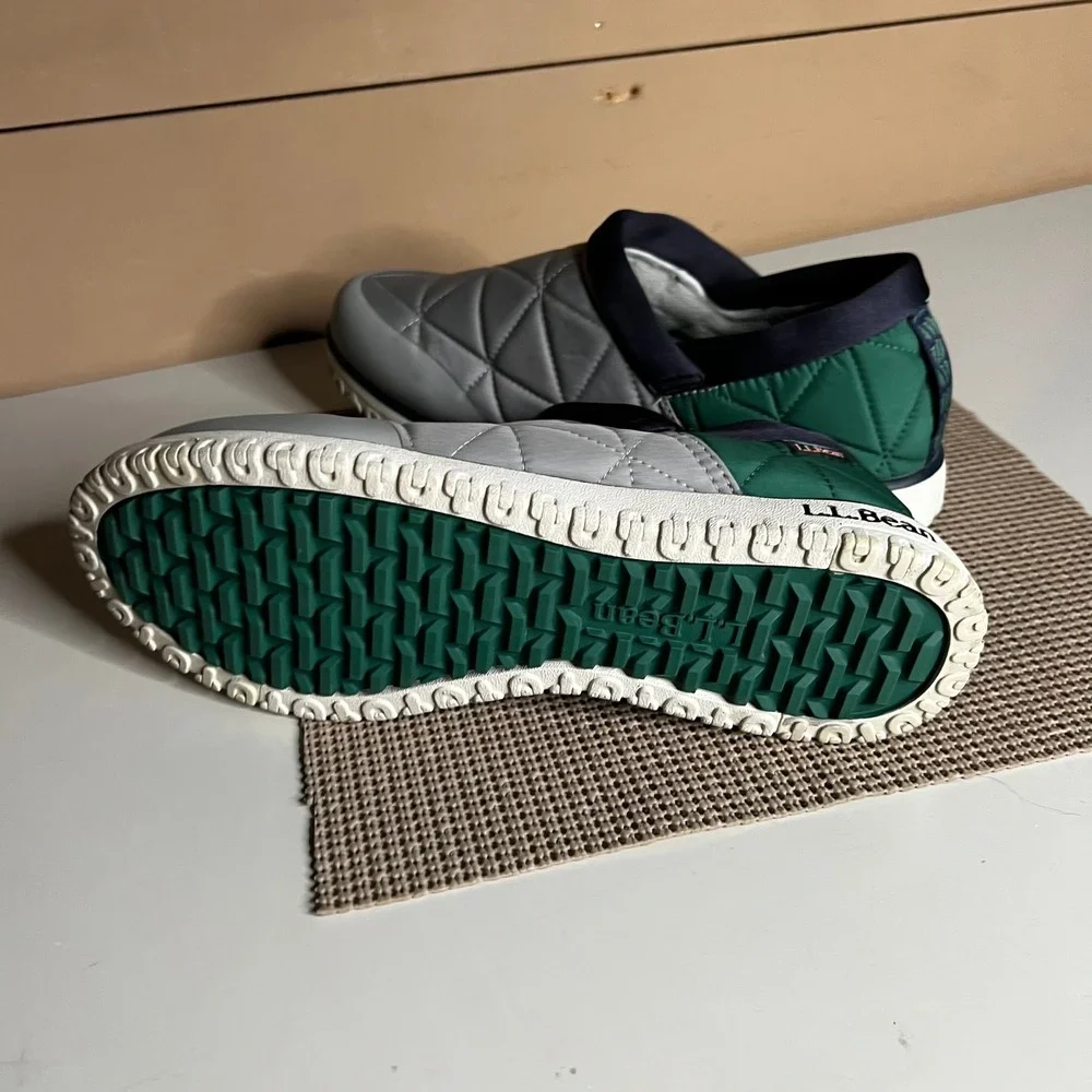 LL Bean Mountain Slippers Mens 9 Gray Green Quilted Insulated Slip On 511763
